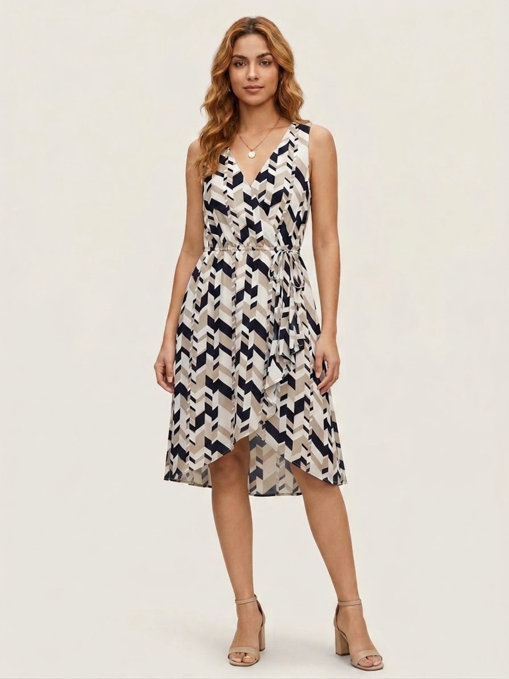 Emerald Asymmetrical Sleeveless V-Neck Geometric Wrap Dress in Navy Beige SZ M